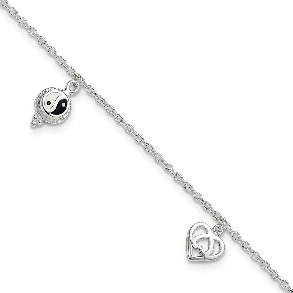 925 Sterling Silver Polished Hearts Charms and Peace Sign 8" + 1" Ext Anklet